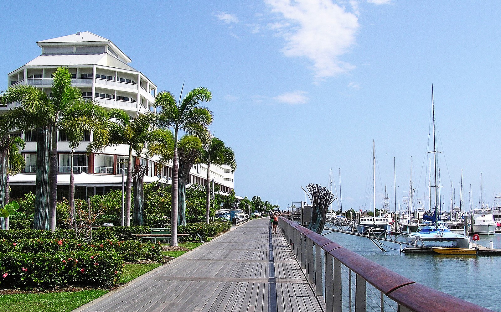 Palm-lined boardwalk along the Cairns Esplanade beside the marina under a bright blue sky