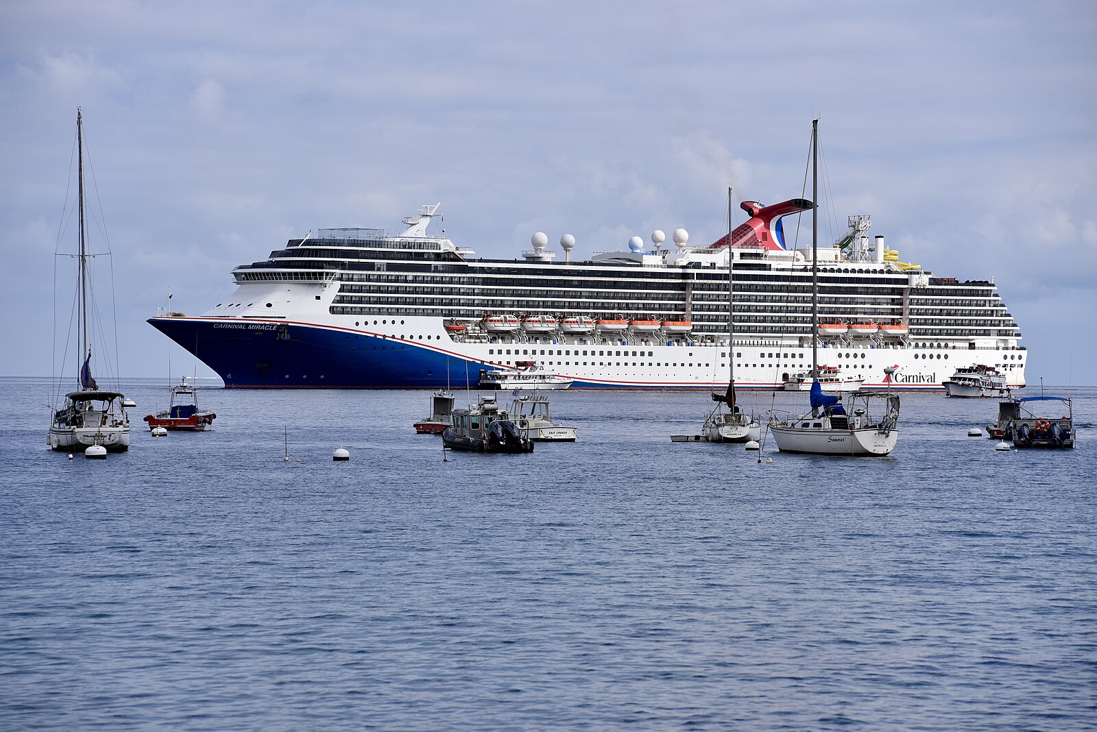 Carnival Miracle cruise ship anchored off Santa Catalina Island in blue water