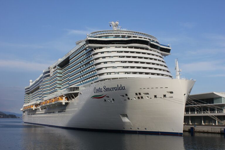 Costa Smeralda cruise ship moored bow-on at the port of Savona under a blue sky