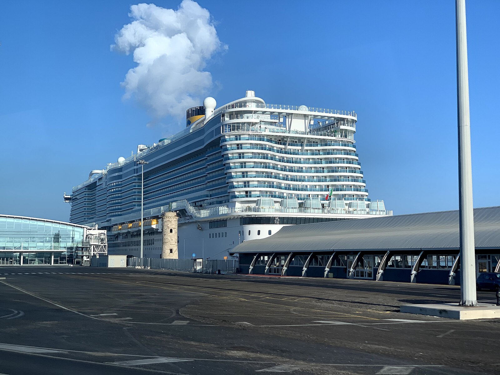 The stern of Costa Smeralda docked at the cruise terminal in Civitavecchia, the port for Rome