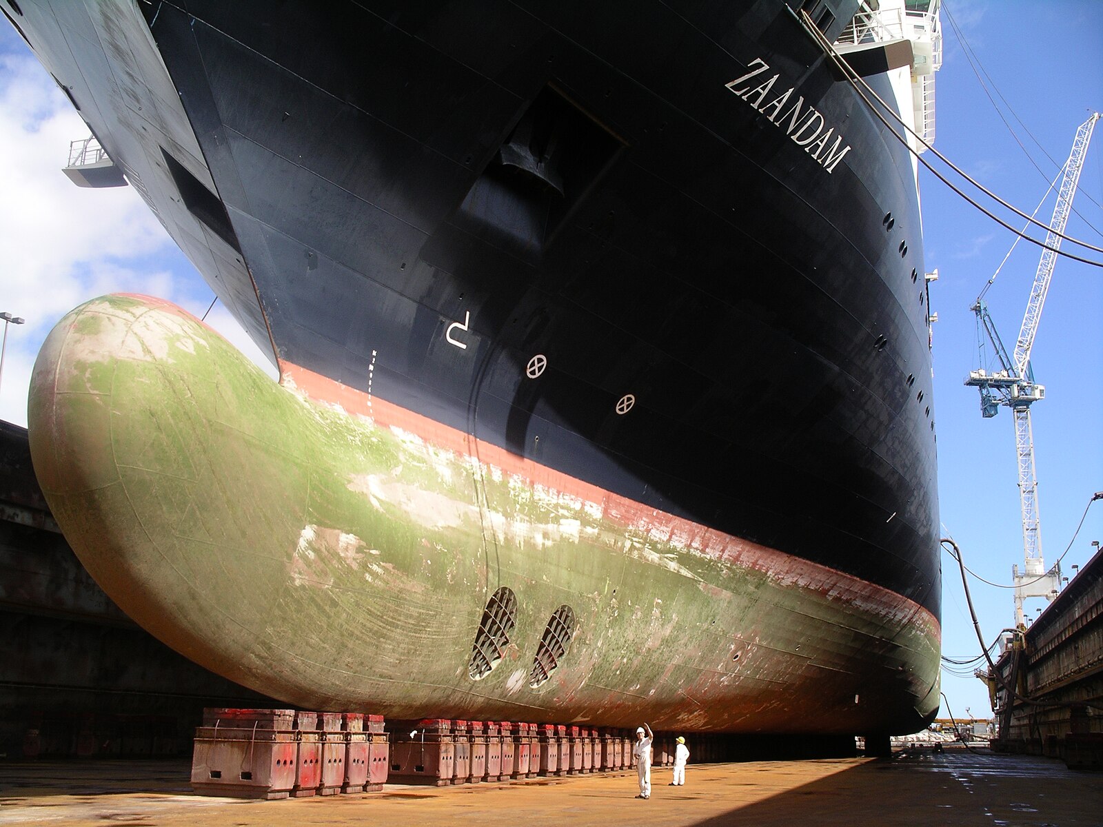 The huge bulbous bow of the cruise ship Zaandam in dry dock, with two workers standing beneath it for scale