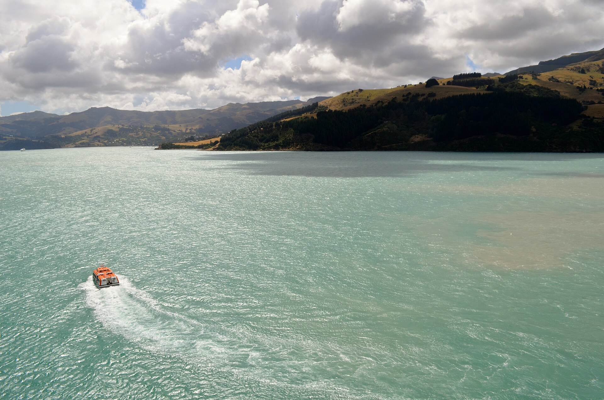 Orange and white lifeboat tender from Oosterdam crossing turquoise water toward green hills in Akaroa Harbour, New Zealand