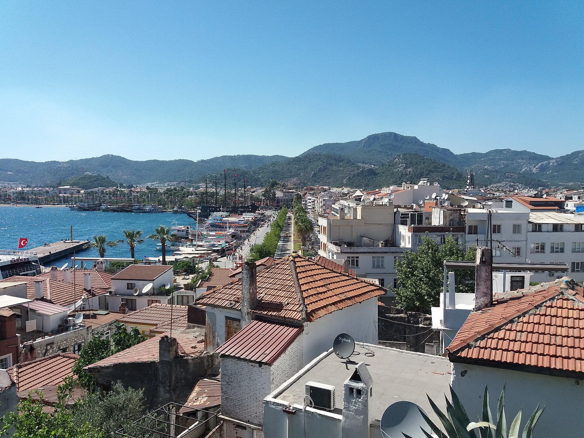 Red-tiled rooftops of Marmaris, Turkey, above the harbour and mountains