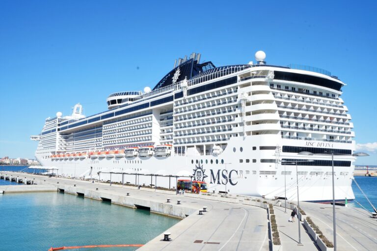 MSC Divina cruise ship docked in Palma de Mallorca under a blue sky