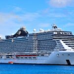 MSC Seascape cruise ship sailing on bright blue water under a blue sky