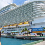 Royal Caribbean's Oasis of the Seas docked at the cruise pier in Nassau, Bahamas, with palm trees and turquoise water