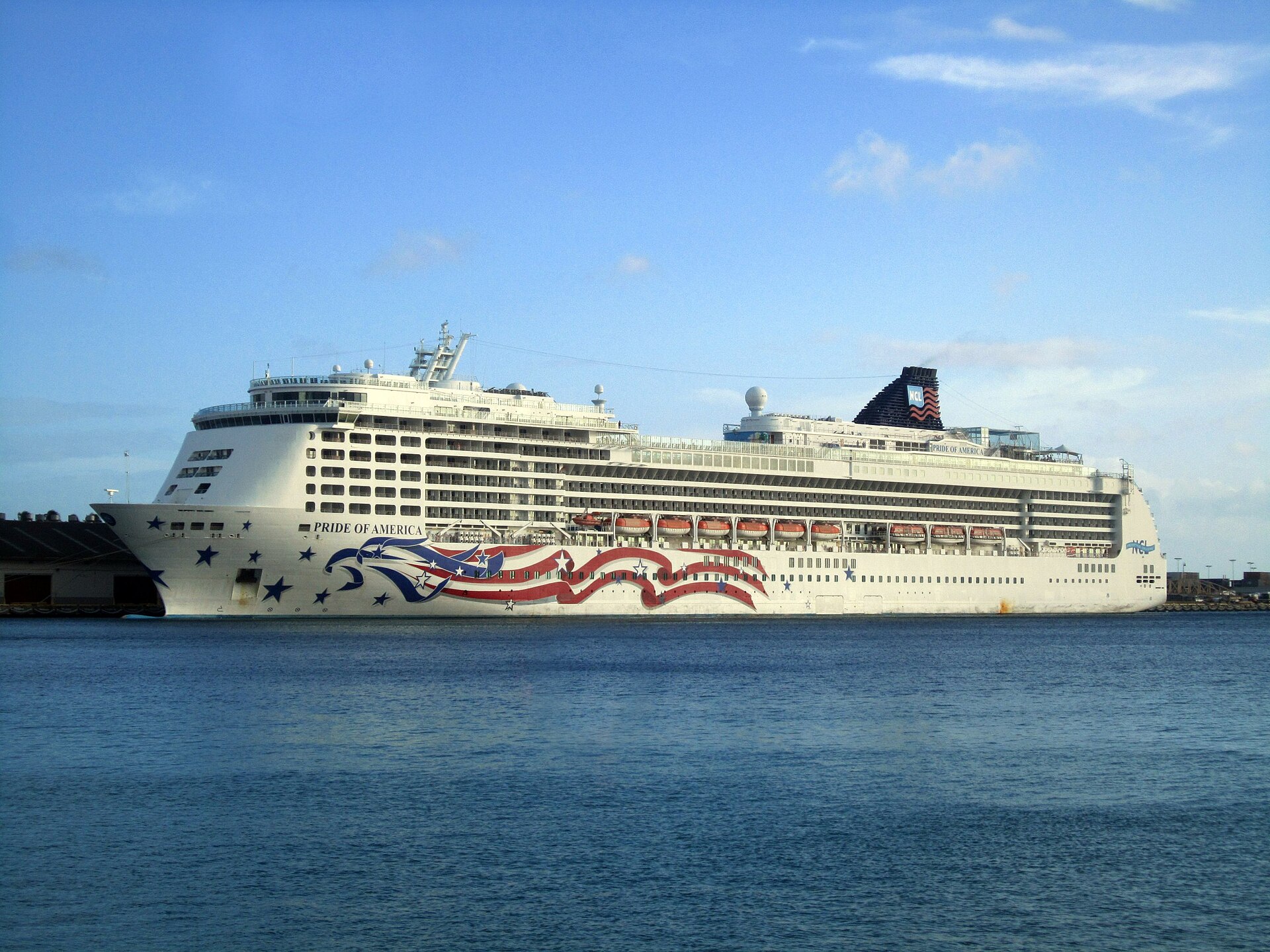 Norwegian Cruise Line ship Pride of America with its stars-and-stripes hull art docked in Honolulu, Hawaii