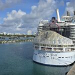 Royal Caribbean's Wonder of the Seas docked at PortMiami with palm trees and the Miami skyline behind under a blue sky