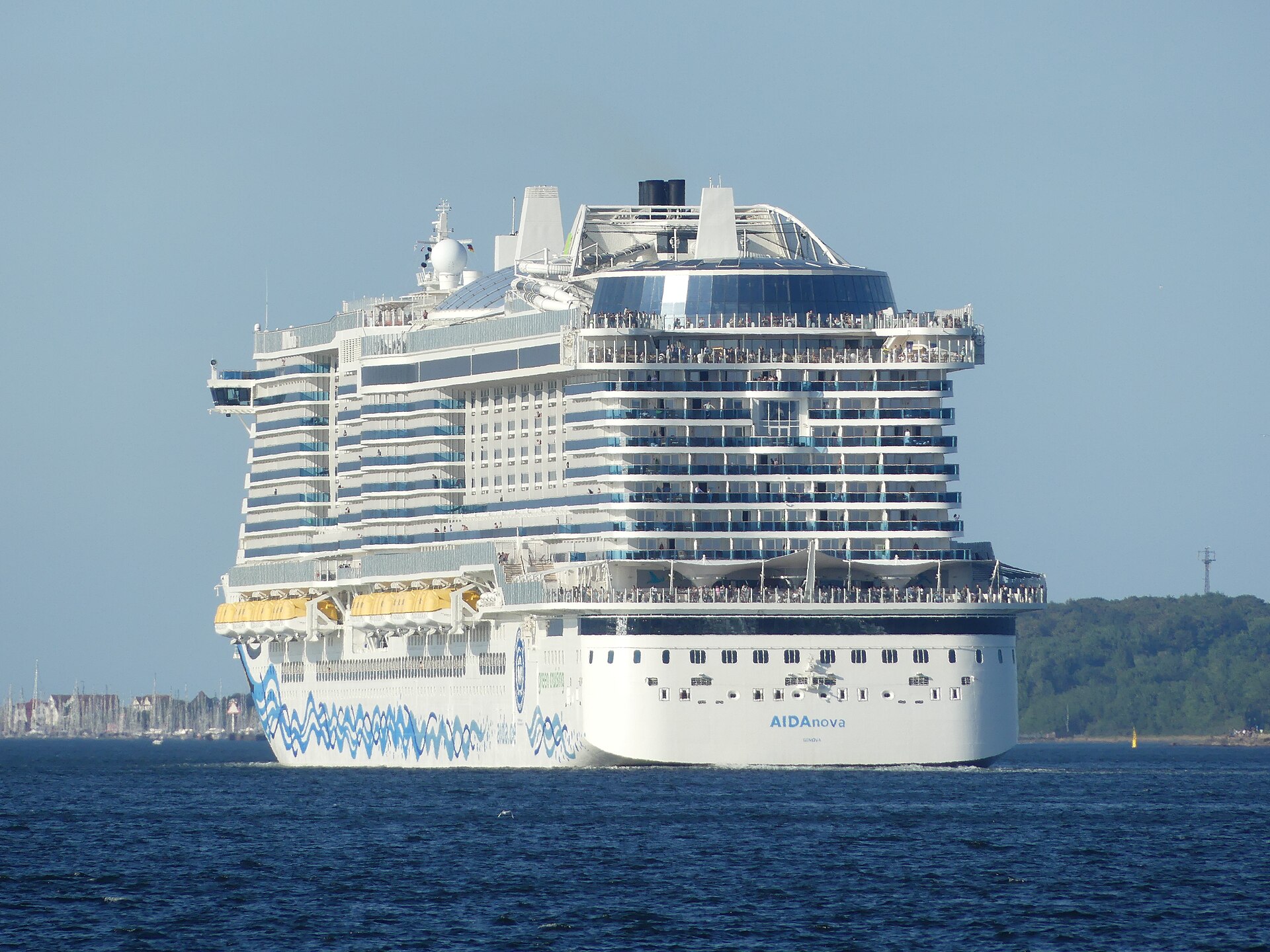 Bow view of the AIDAnova cruise ship heading down the Kiel Fjord