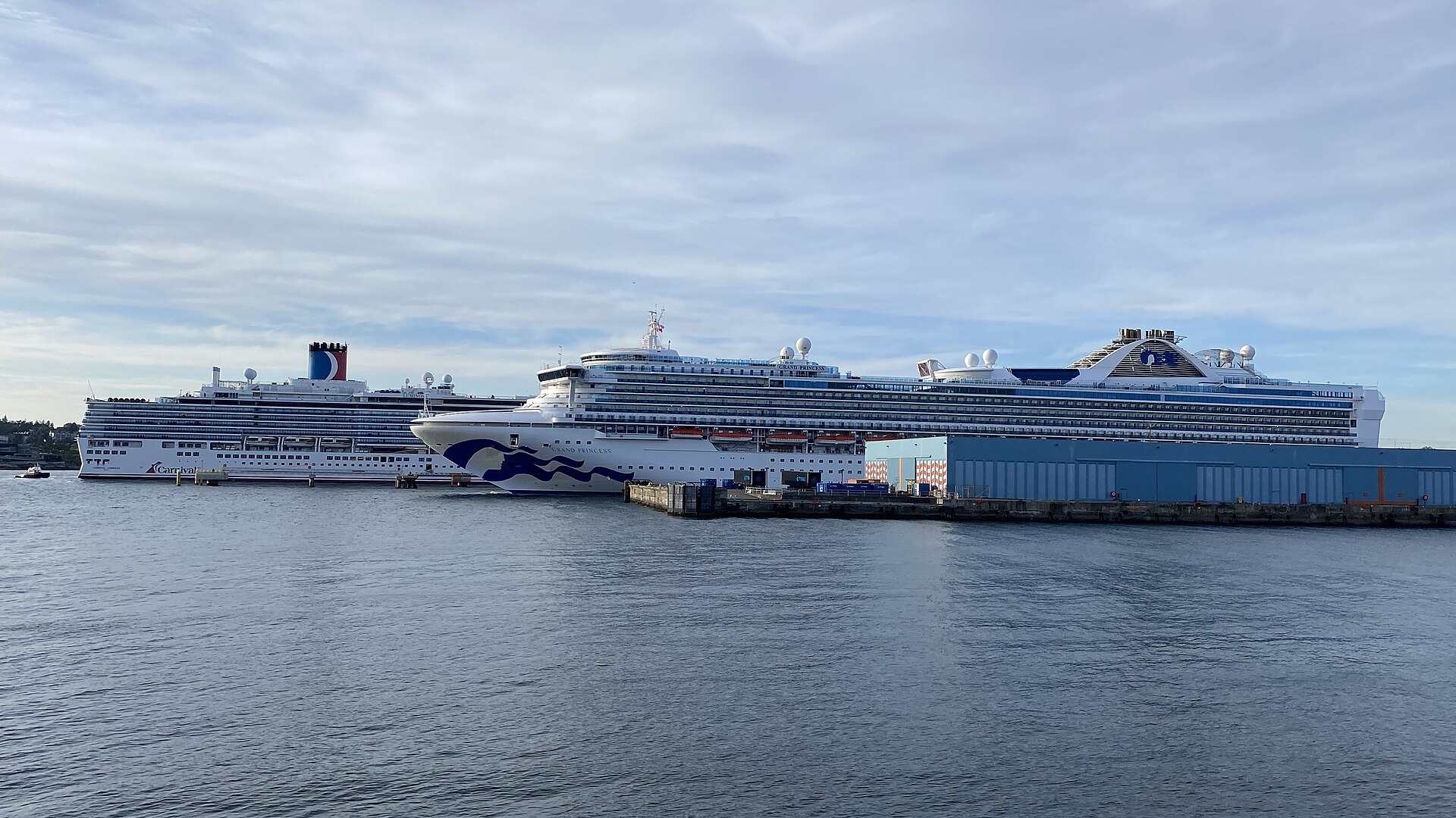 Carnival Luminosa and Grand Princess docked side by side at Ogden Point in Victoria, British Columbia