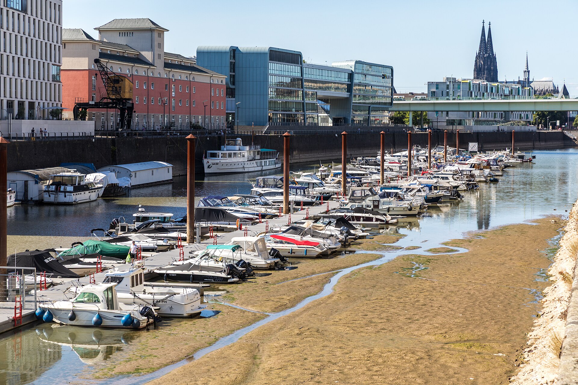 Boats in Cologne's Rheinauhafen marina sit beside exposed mud flats at low water, with Cologne Cathedral's spires in the distance