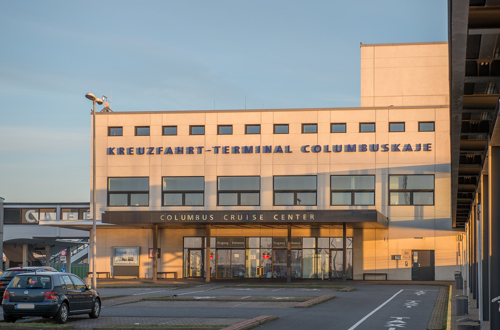 Columbus Cruise Center terminal building at the Columbuskaje in Bremerhaven in evening sunlight