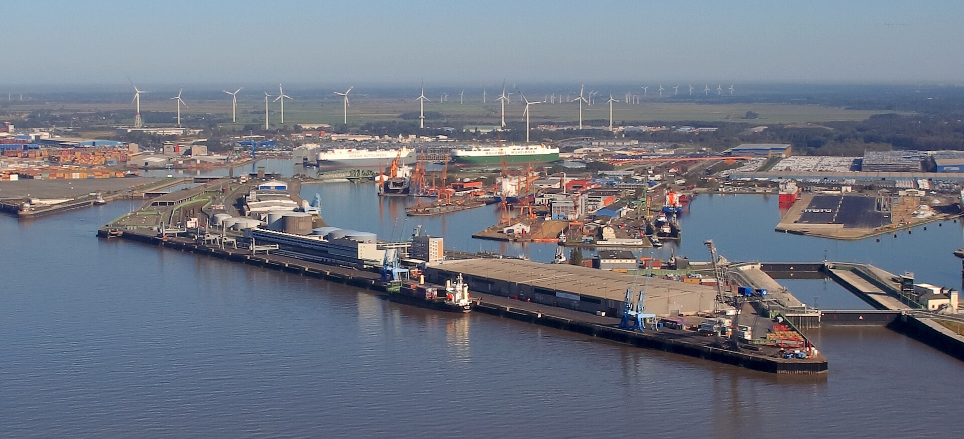 Aerial view of the Columbuskaje cruise quay in Bremerhaven on the Weser river