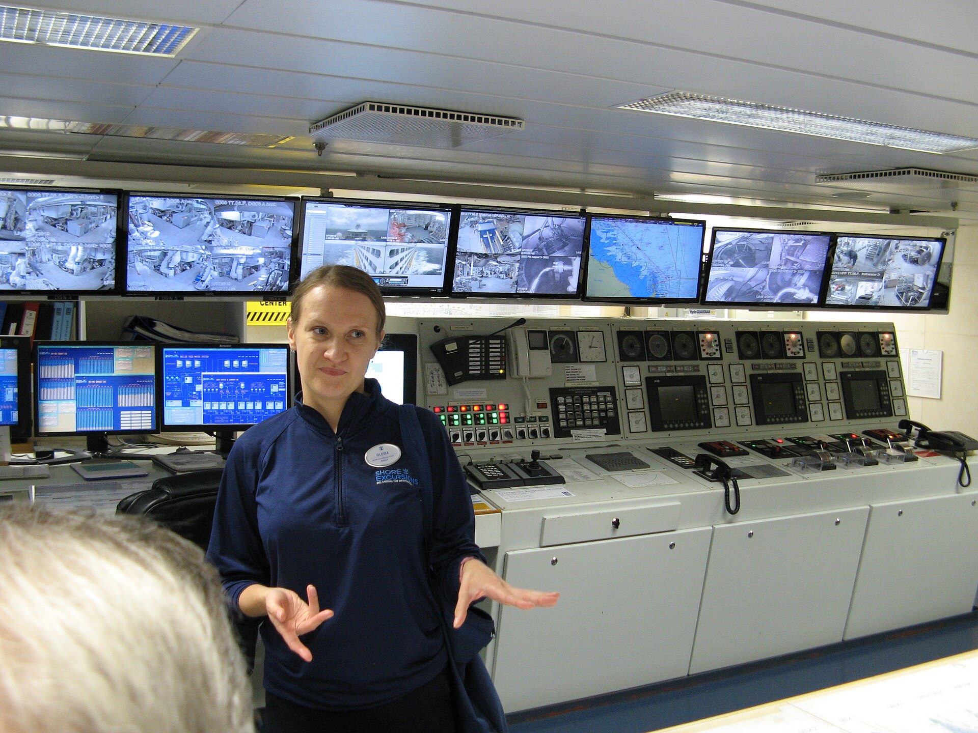 Rows of monitors and control panels in the engine control room of Royal Caribbean's Explorer of the Seas