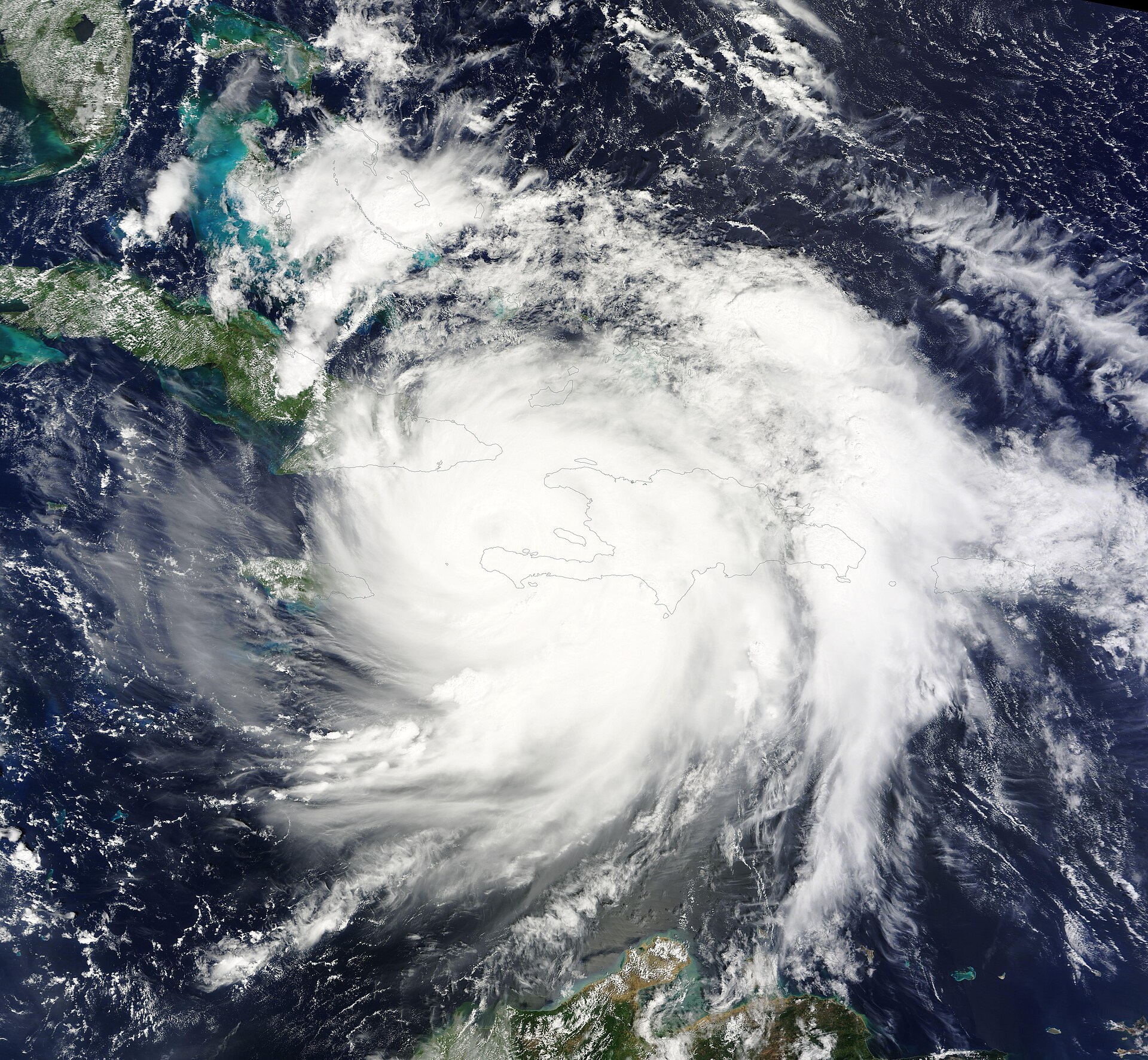 NASA satellite image of Hurricane Matthew over Haiti on October 5, 2016, with the Bahamas to the northwest