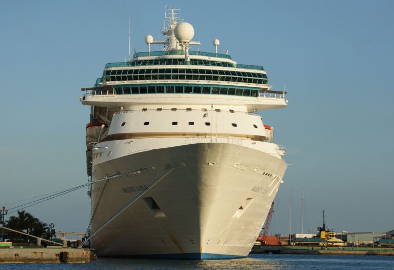 Royal Caribbean's Majesty of the Seas moored bow-on at Prince George Wharf in Nassau under a clear blue sky