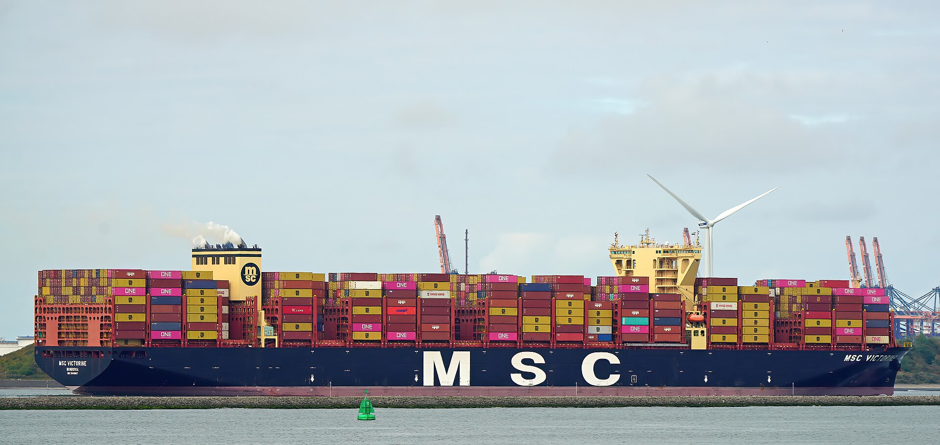 Container ship MSC Victorine fully loaded with colourful containers