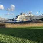 Royal Caribbean's Ovation of the Seas docked in Sydney under a bright blue sky, with the Opera House and a green lawn in the foreground