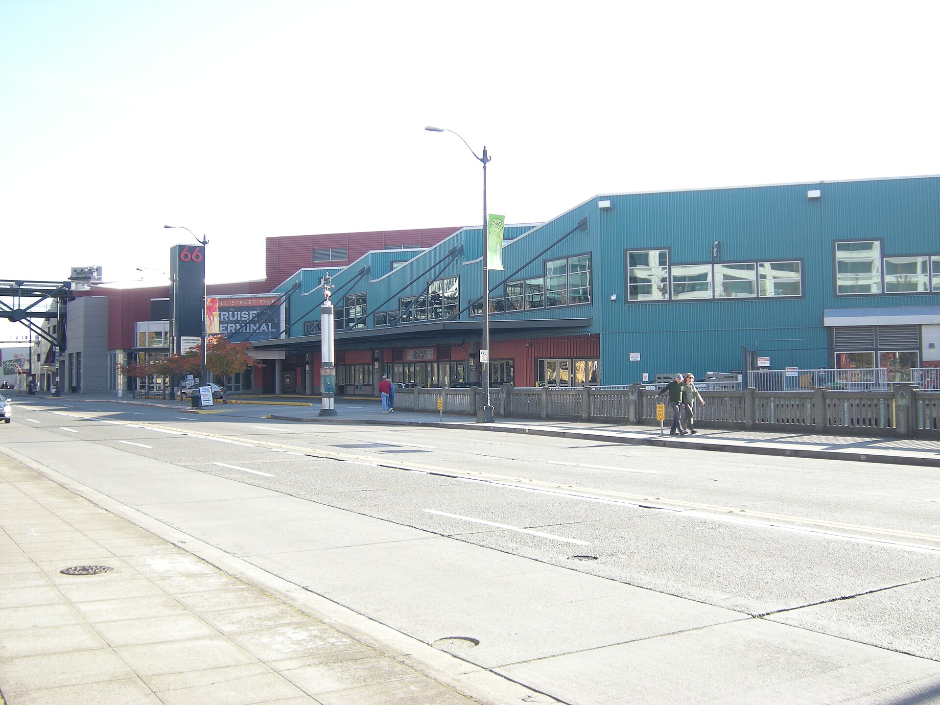 The Pier 66 cruise terminal building beside the sidewalk on Seattle's Alaskan Way