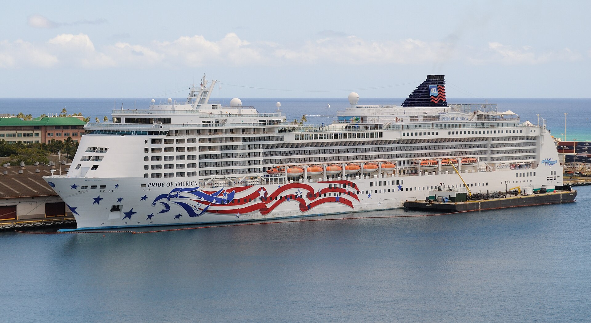 Norwegian's US-flagged Pride of America docked in Honolulu, seen from Aloha Tower