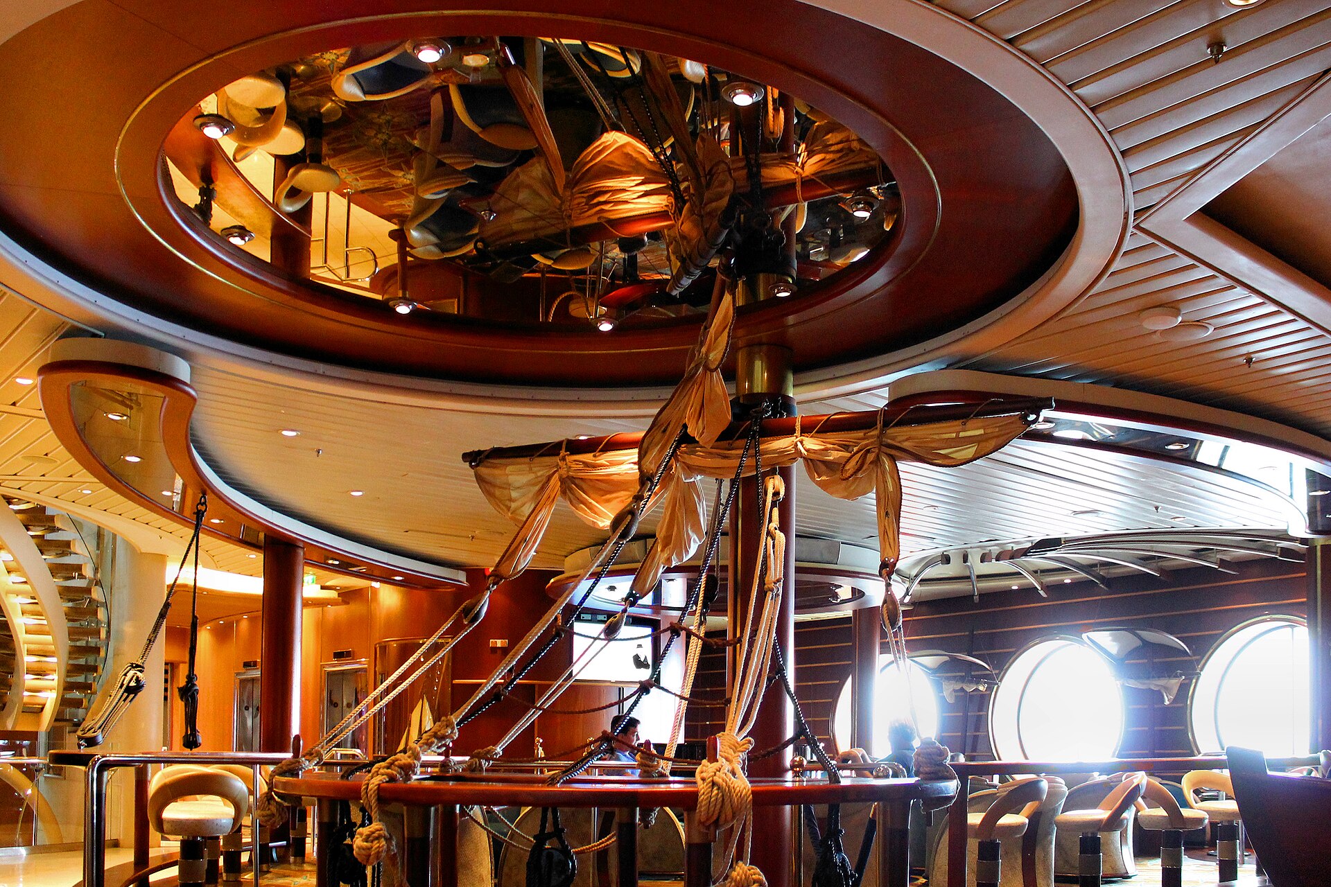 The nautical-themed Schooner Bar with rope rigging on Voyager of the Seas