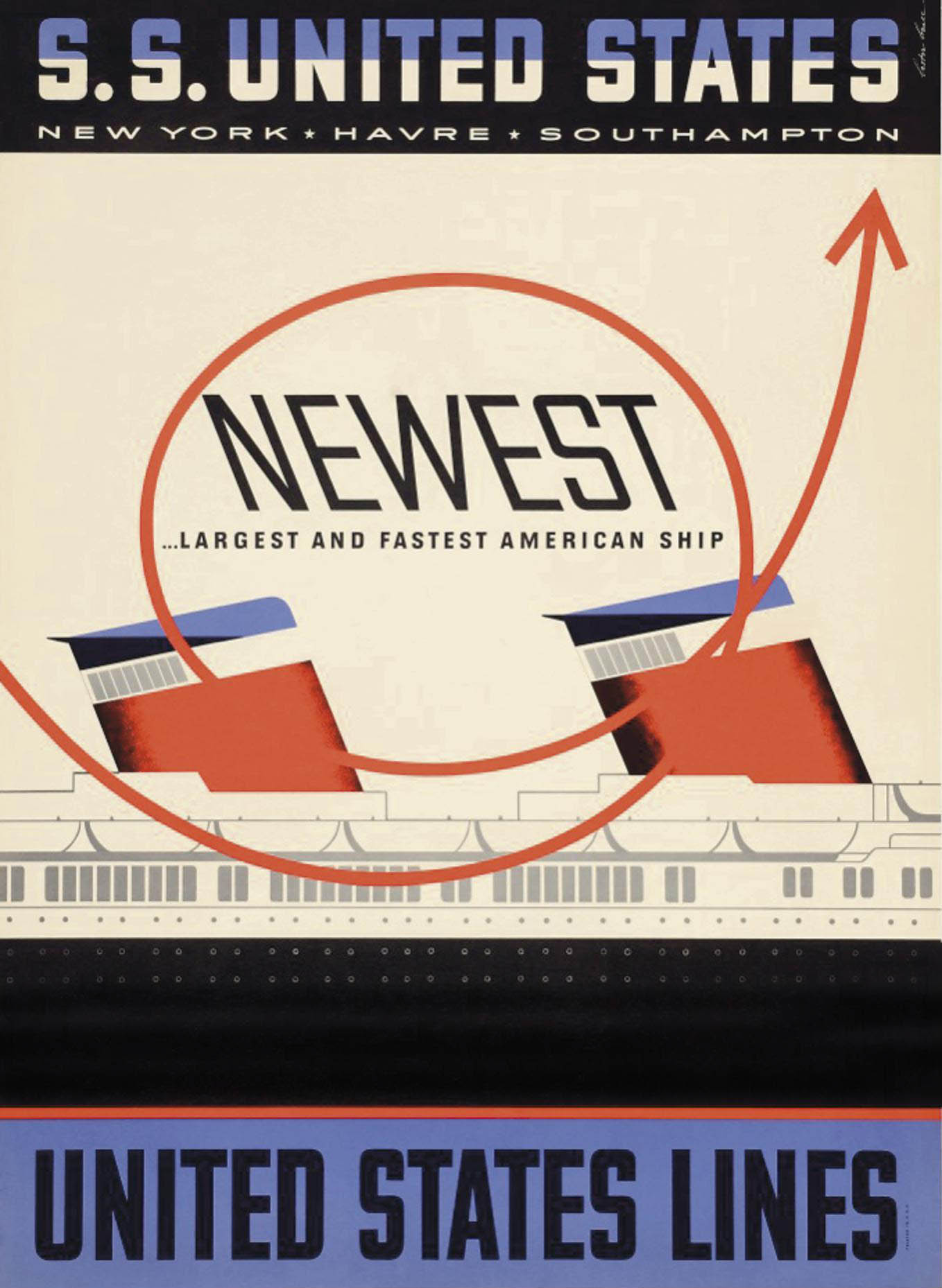 Vintage United States Lines travel poster for the SS United States with red funnels and the word Newest