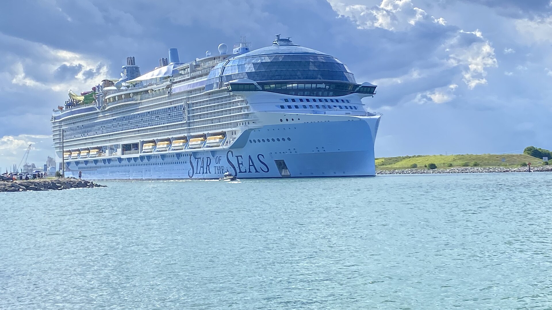 Royal Caribbean's Star of the Seas sailing out of Port Canaveral on turquoise water