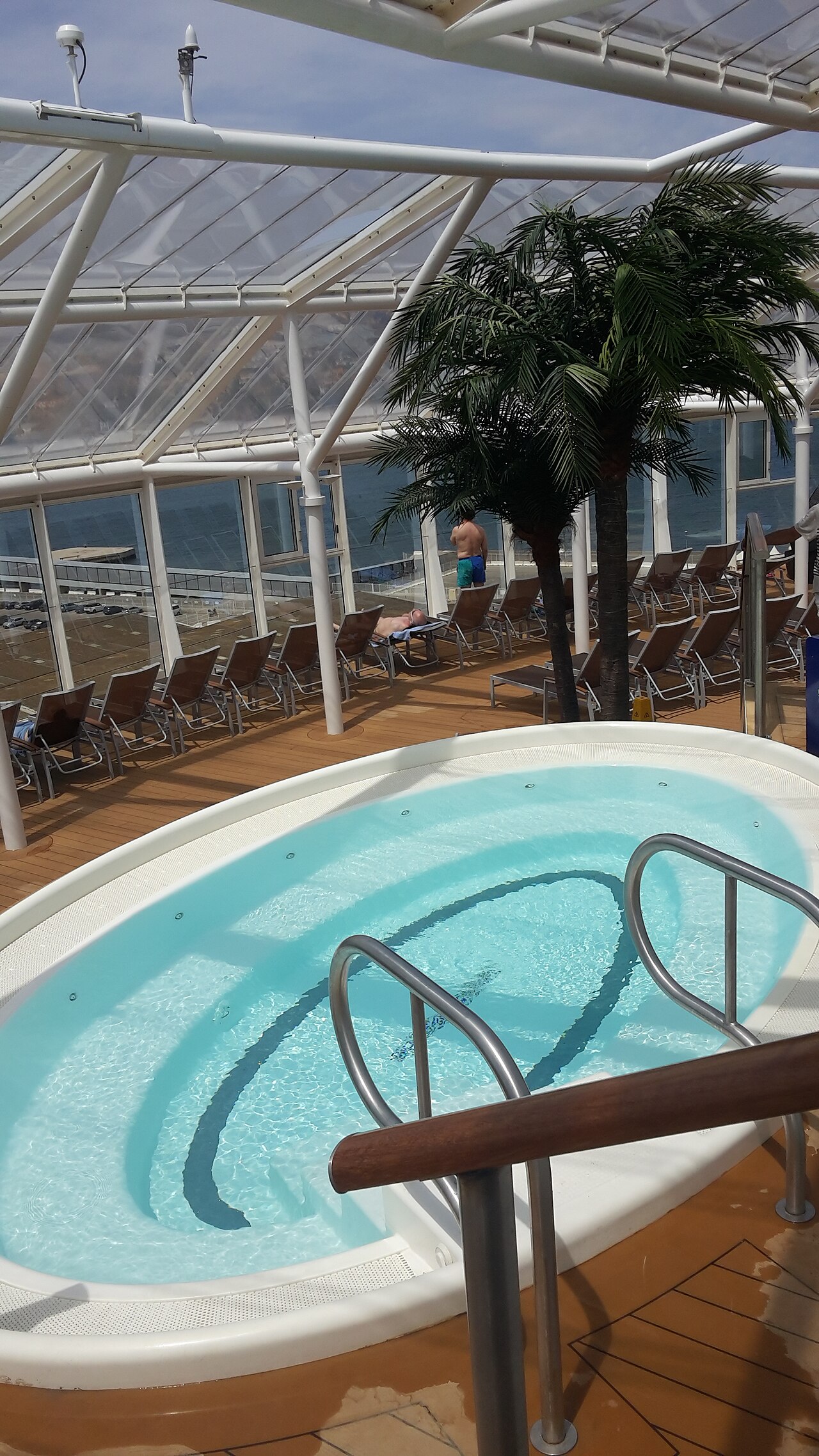 Turquoise whirlpool under the glass roof of the adults-only Solarium on Symphony of the Seas